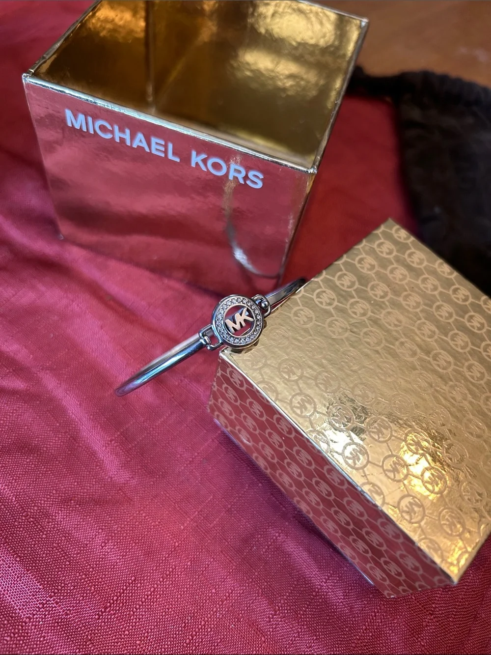Michael Kors Silver-Tone MK Pavé Center Bangle Bracelet